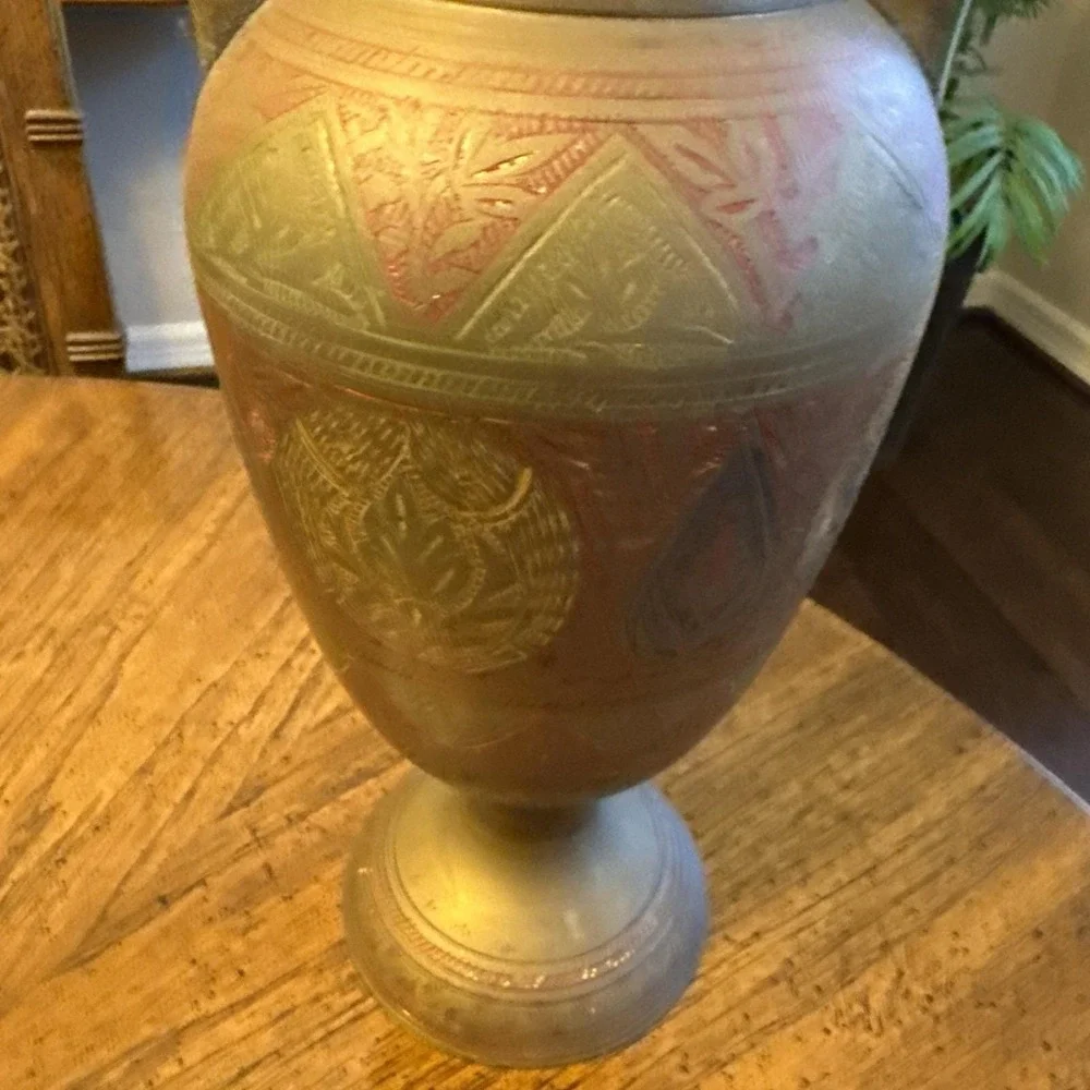 Vintage Solid Brass Vase Hand Etched Floral/Leaf Design 15.5